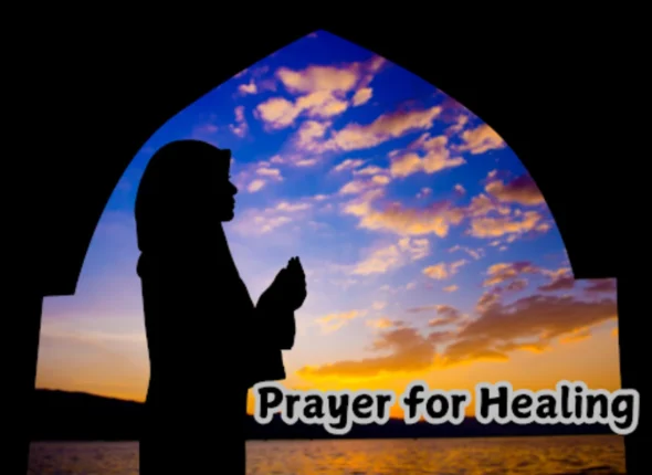 A silhouette of a woman praying with hands raised, symbolizing hope and a prayer for healing.