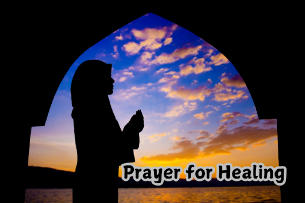 A silhouette of a woman praying with hands raised, symbolizing hope and a prayer for healing.